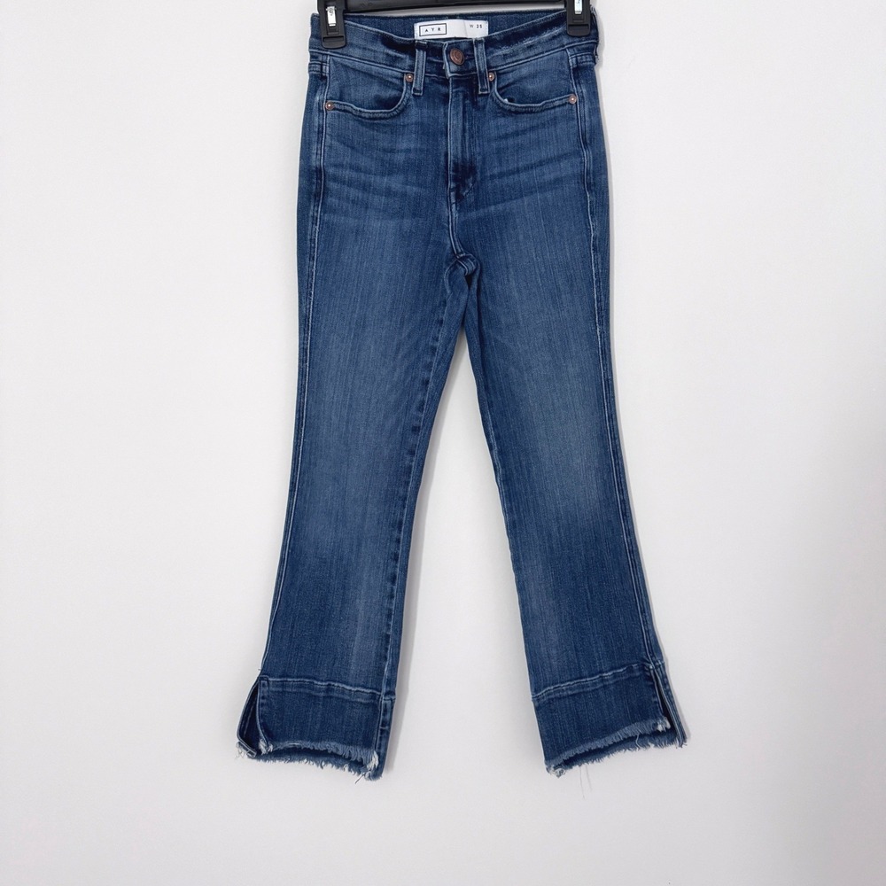 AYR Women 25 Jeans Straight Leg Blue Mid-Rise Raw Hem Side Slit Denim